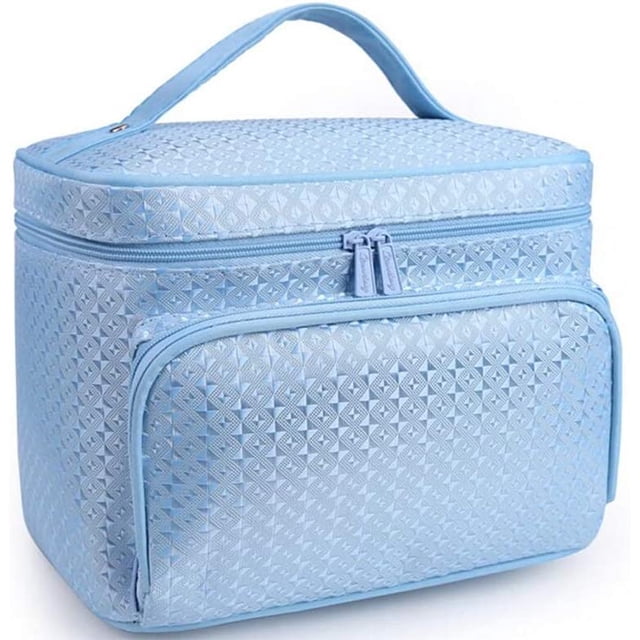 Bolsa de maquillaje HUOGUO para mujeres y niñas con soporte para brochas, color azul