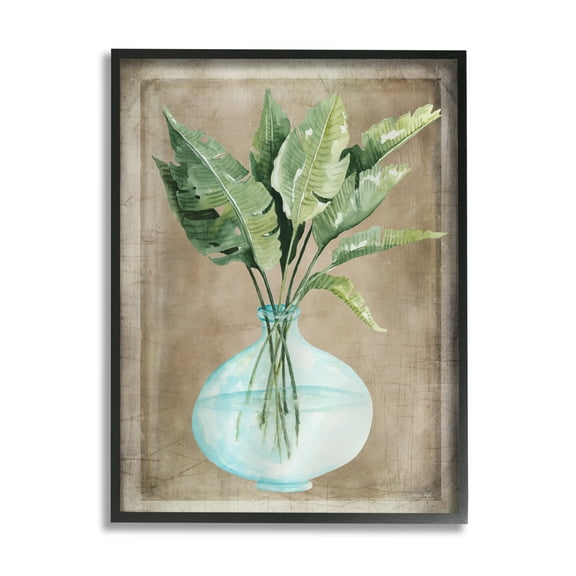 Stupell Industries Green Plant Leaves Glass Vase Rustic Border Painting Black Framed Art Print Wall Art, Design by Cindy Jacobs