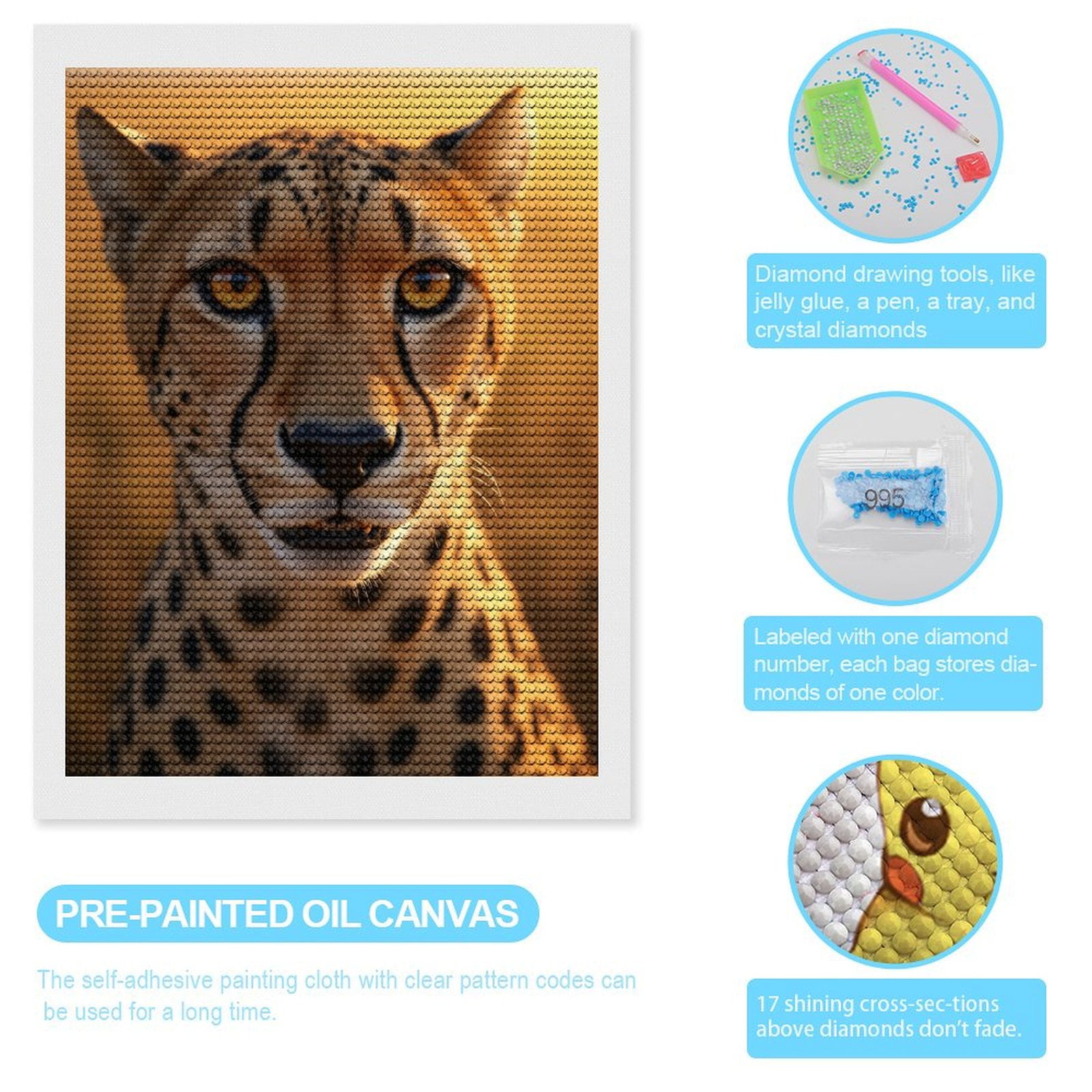 Diamond Art Kits for Adults, Cheetah Face Close Up Sunset 5D Diamond Painting Kits for Adults Beginners, DIY Full Drill Diamond Painting, Gem Art and Crafts 12x16