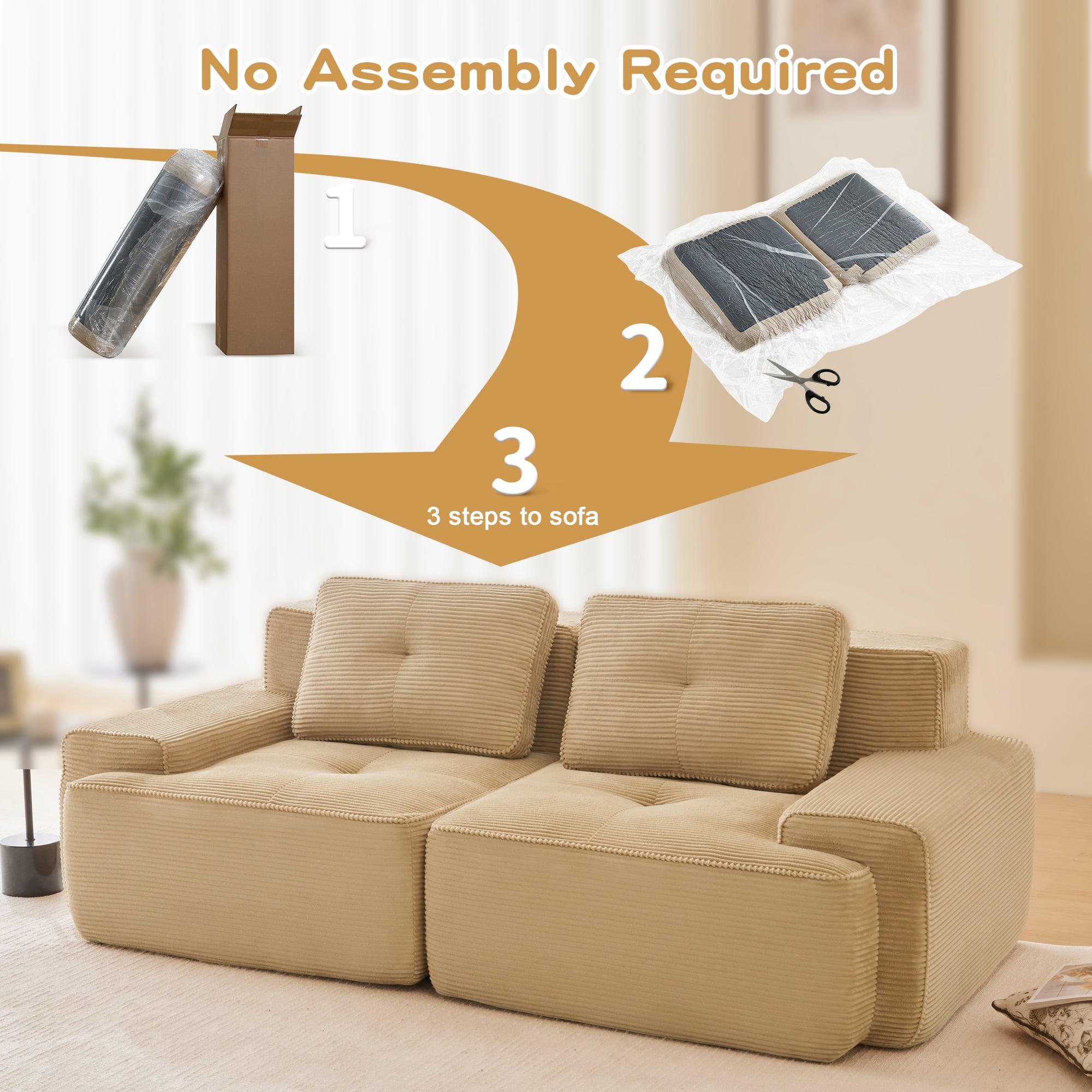 80" Corduroy Modular Sectional Sofa, 2-Seater Tufted Deep Seat Couch, Pet-Friendly Couch, No Assembly, Camel
