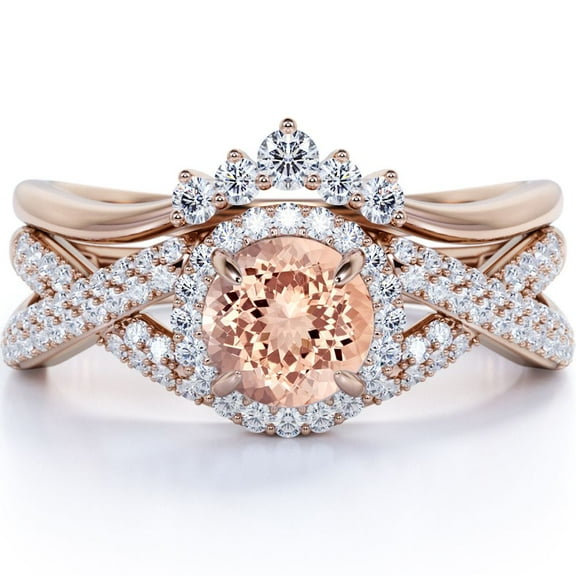 JeenMata 1.15 Carat Round Cut Created Morganite and Moissanite Vintage Crown Wedding Ring Set in Rose Gold