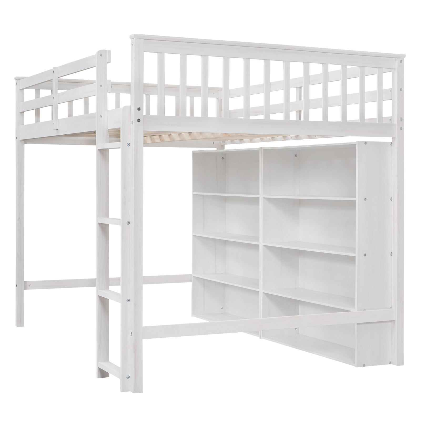Euroco Wood Full Size Loft Bed with Shelf for Kids Bedroom, Functional Storage Shelf and Display Case, Open Bookcase for Kids Teens Adults, White