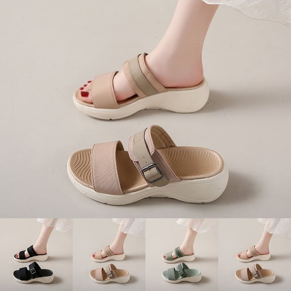 Slippers for Women Wedge Thick Sole Sandals Women Breathable Open Toe Slip-on Slides Women Footwear Beach Sandal Casual Wear Vacation Daily Shoes Black 5.5