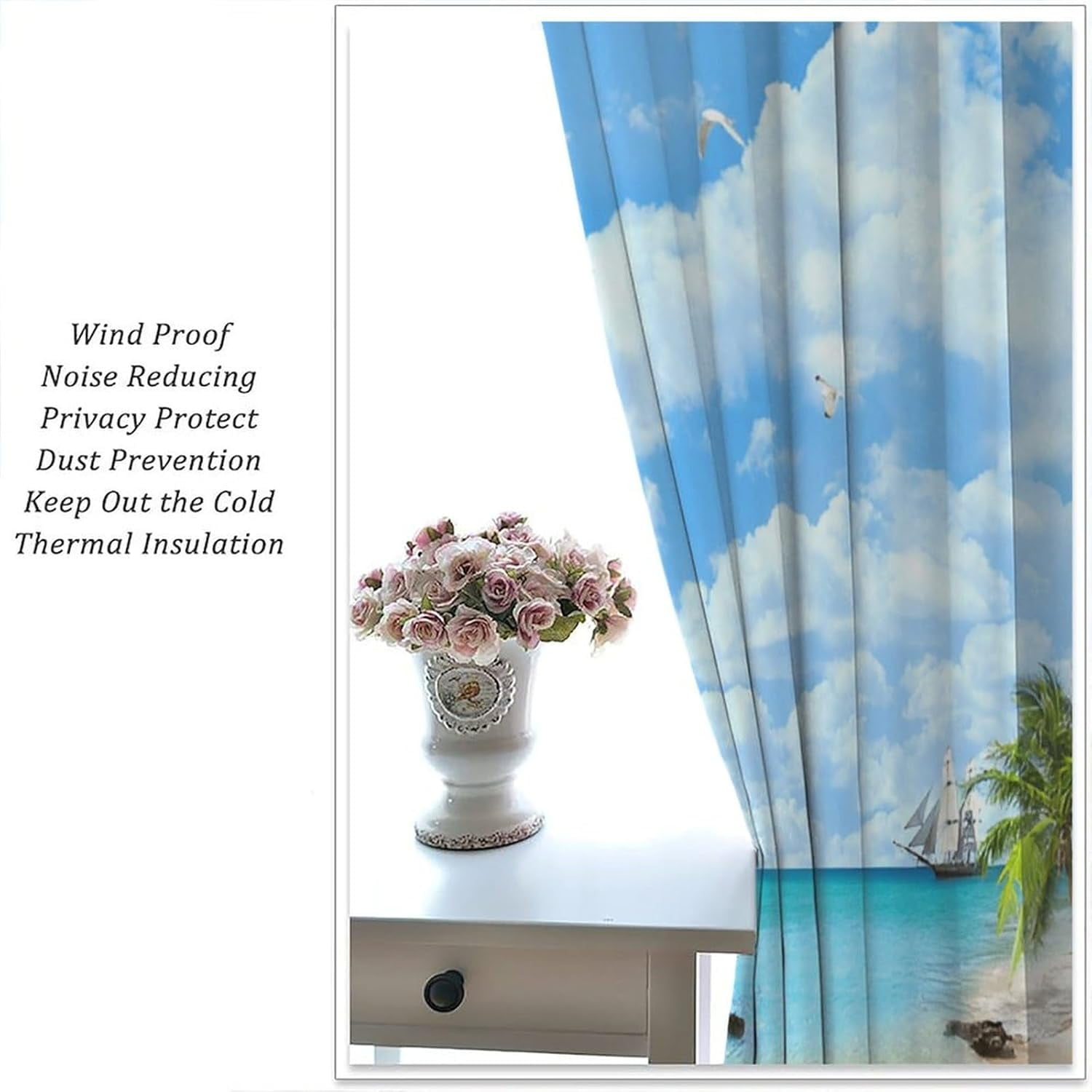 Summer Beach Curtains, Tropical Island Coastal Landscape Ocean Plam Trees Blue Sky Seaside Scene Blackout Window Curtains for Cafe Kitchen Bedroom Bathroom, 84" W X 84" L
