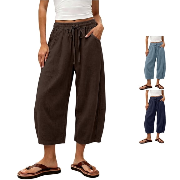 CONZONE Womens Capri Pants Wide Leg Elastic Waist Drawstring Casual Pants With Pockets Summer Baggy Trousers For Women