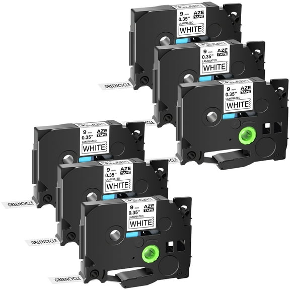 GREENCYCLE 6PK Compatible for Brother P-touch Black on White 9mm TZ TZe TZe-221 TZ-221 TZe221 TZ221 Laminated Label Tape