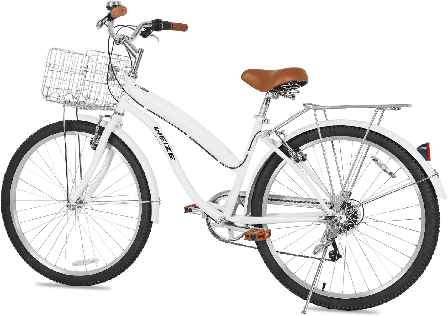 WEIZE Beach Cruiser Bike 26 inch Commuter Bicycle 7 Speed City Bike for Adult Men Women Off-Road Cycling Bicycle with Front Basket Rear Rack, White