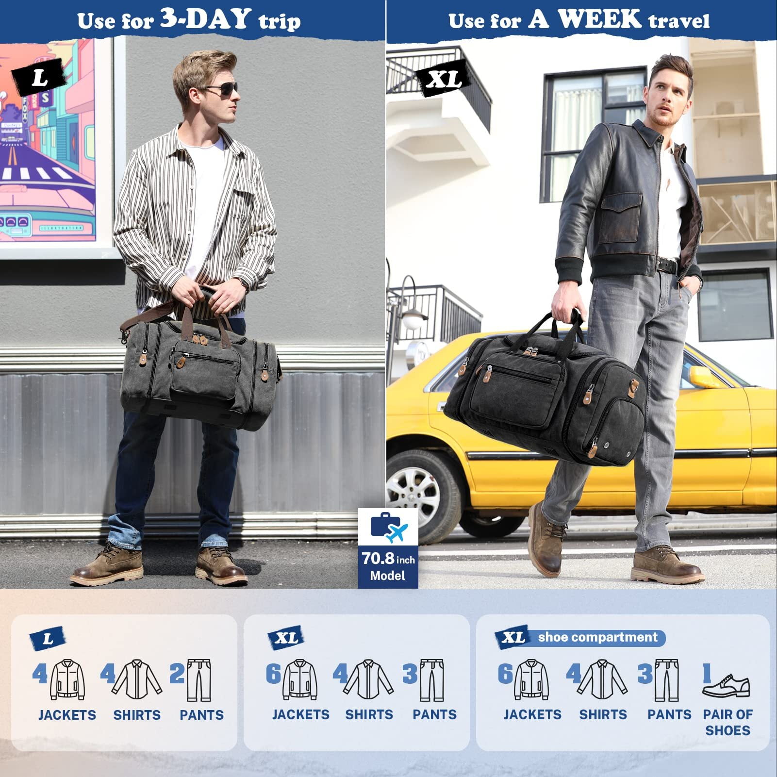 Gonex 60L Canvas Duffel Bags 27" Expandable Travel Duffle Overnight Weekender Bag with Shoe Compartment for Men Women