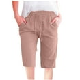 thumbnail image 6 of YUGYXL Cotton Linen Bermuda Pants for Women Elastic Waist Drawstring Vacation Short Pants with Pockets Summer Knee Length Pants Rose Gold S, 6 of 6