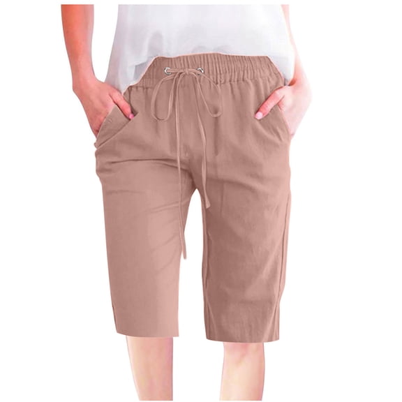 ABATAB Cotton Linen Shorts for Women Elastic Waist Bermuda Shorts Wide Leg Summer Shorts Loose Drawstring Capris with Pockets