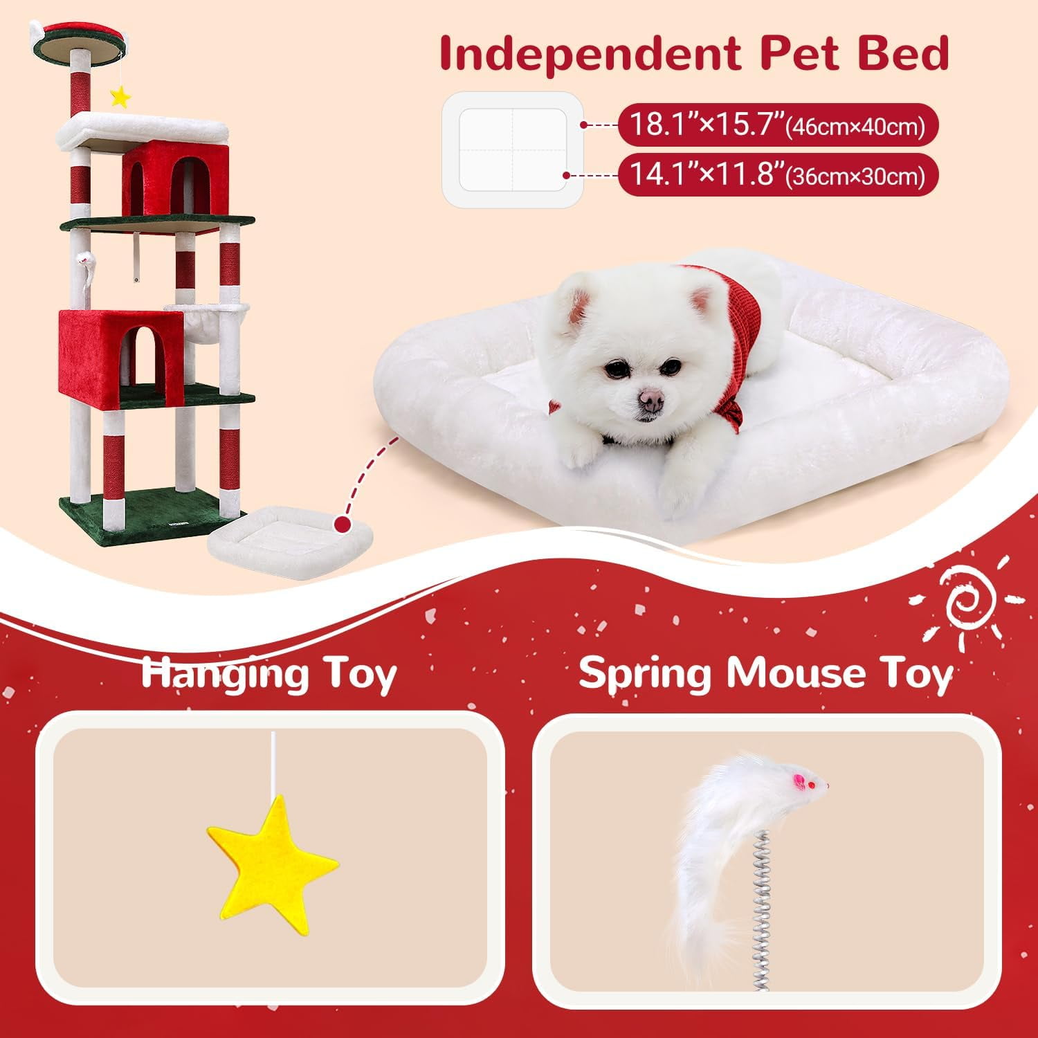 Heavy Duty 72" Cat Tree for Large Cats, Maine Coon Tower with 6 Scratching Posts & Hammock, CT73S, Red White Green