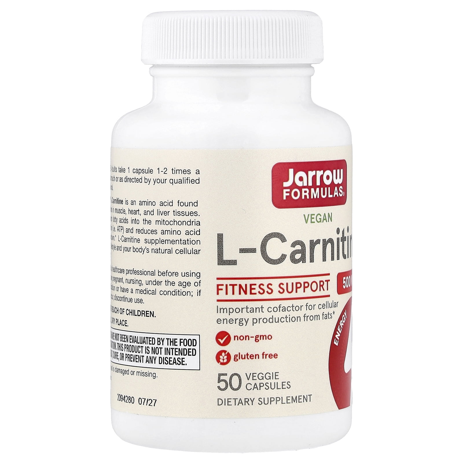 Jarrow Formulas L-Carnitine 500mg Veggie Capsules Dietary Supplement