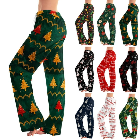 Fabrcox Christmas Pj Pants for Women Plus Size Wide Leg Drawstring Sleep Lounge Pants Mid Waisted Christmas Trendy Cozy Sleepwear Bottoms Pants Red M