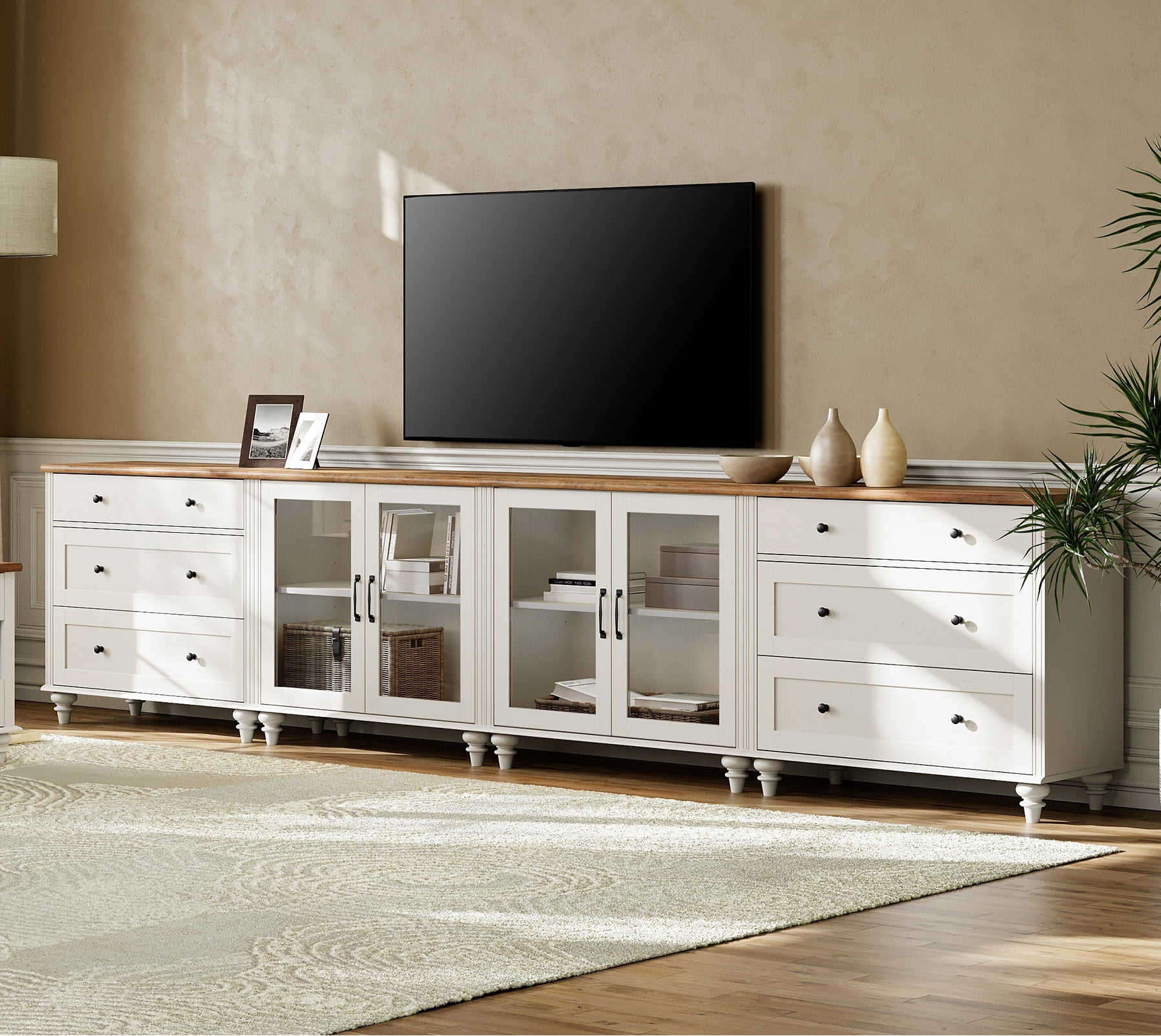 TV Stand for 100 Inch TV, TV Cabinet with 6 Drawers, Entertainment Centers with Glass Doors for Living Room, White