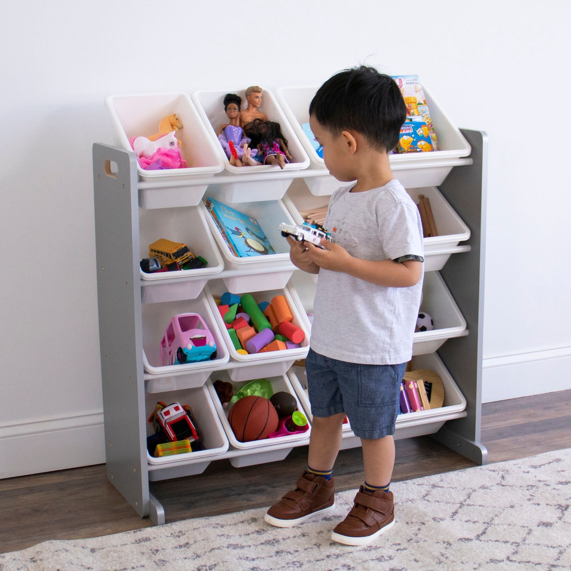 Humble Crew Kids Inspire Toy Storage Organizer with 12 Plastic Storage Bins, Grey/White
