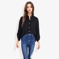 thumbnail image 2 of Women's Long Sleeve Button-Down Shirt with Roll-Up Sleeves and Front Pocket Casual Loose Fit Blouse- Medium, Black, 2 of 6