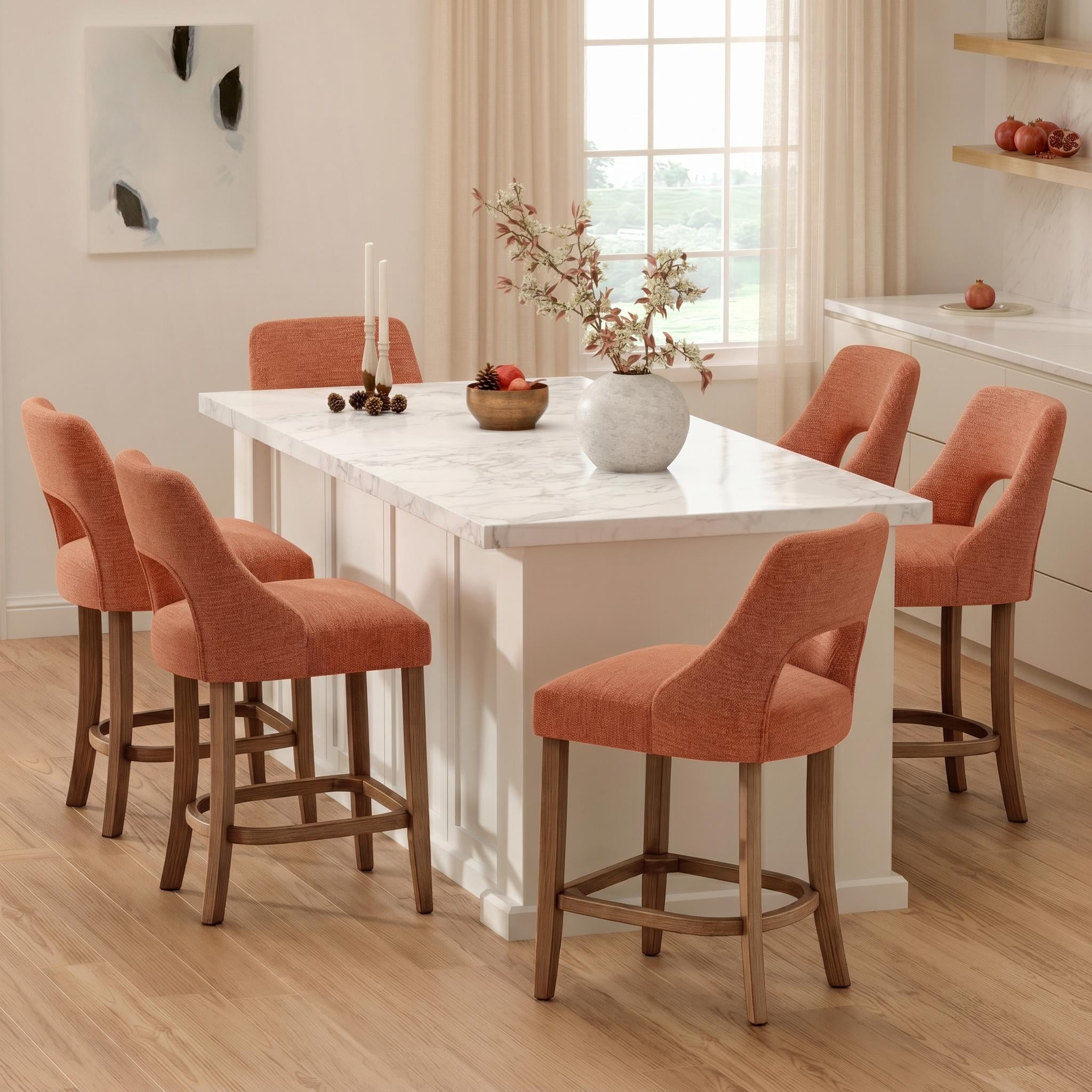 PORKISS 26" Bar Stools Set of 2, Upholstered Kitchen Island Stools with Hollow Back, Mid-Century Counter Stools with Wood Legs Footrest, Orange