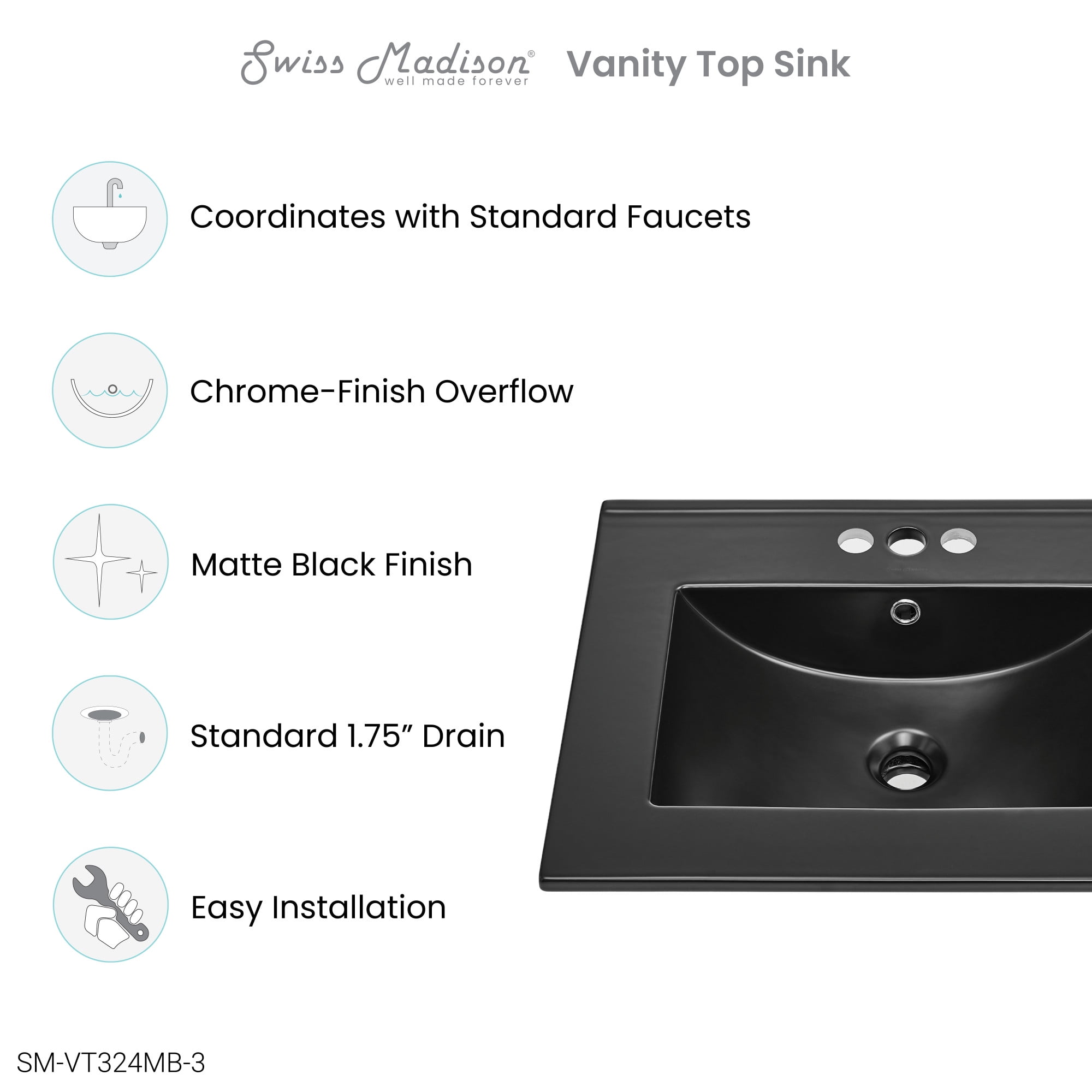 Swiss Madison SM-VT324-3MB Matte Black Ceramic 24" Drop-in Sink
