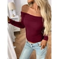 thumbnail image 5 of Womens Long Sleeve Off Shoulder Shirts Tight Fitted Y2K Ruched Tee Tops Blouses 2025 Trendy Outfits Wine Red XL, 5 of 7