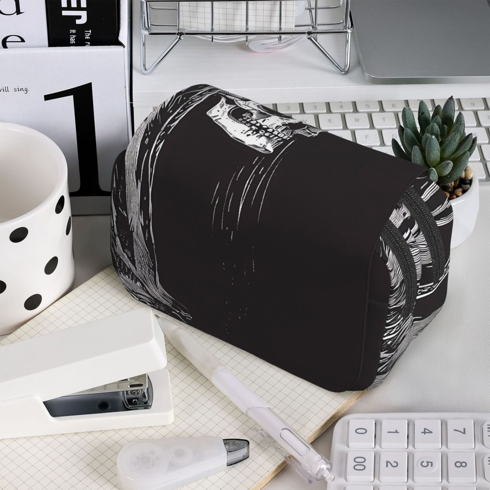 Rateoe Gothic Skull Drape Pattern Double Clamshell Pen Case, Storage Organizer with Two Zipper Compartments– Holds Up to 50 Pencils & Pens