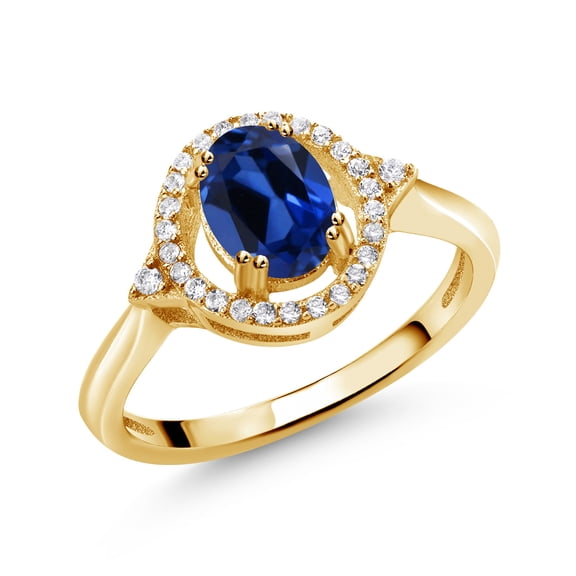 Gem Stone King 1.34 Ct Oval Blue Created Sapphire 18K Yellow Gold Plated Silver Ring (Size 6)