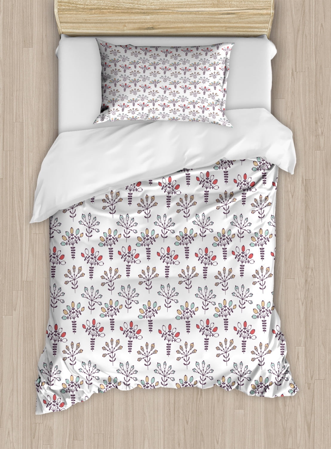 Floral Duvet Cover Set, Pastel Style Rhythmic Flowers on Plain