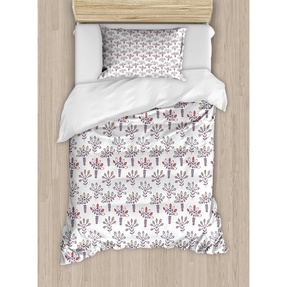 Floral Duvet Cover Set Twin Size, Pastel Style Rhythmic Flowers on Plain Background, Decorative 2 Piece Bedding Set with 1 Pillow Sham, Dark Eggshell Pale Seafoam Ecru and Vermilion, by Ambesonne