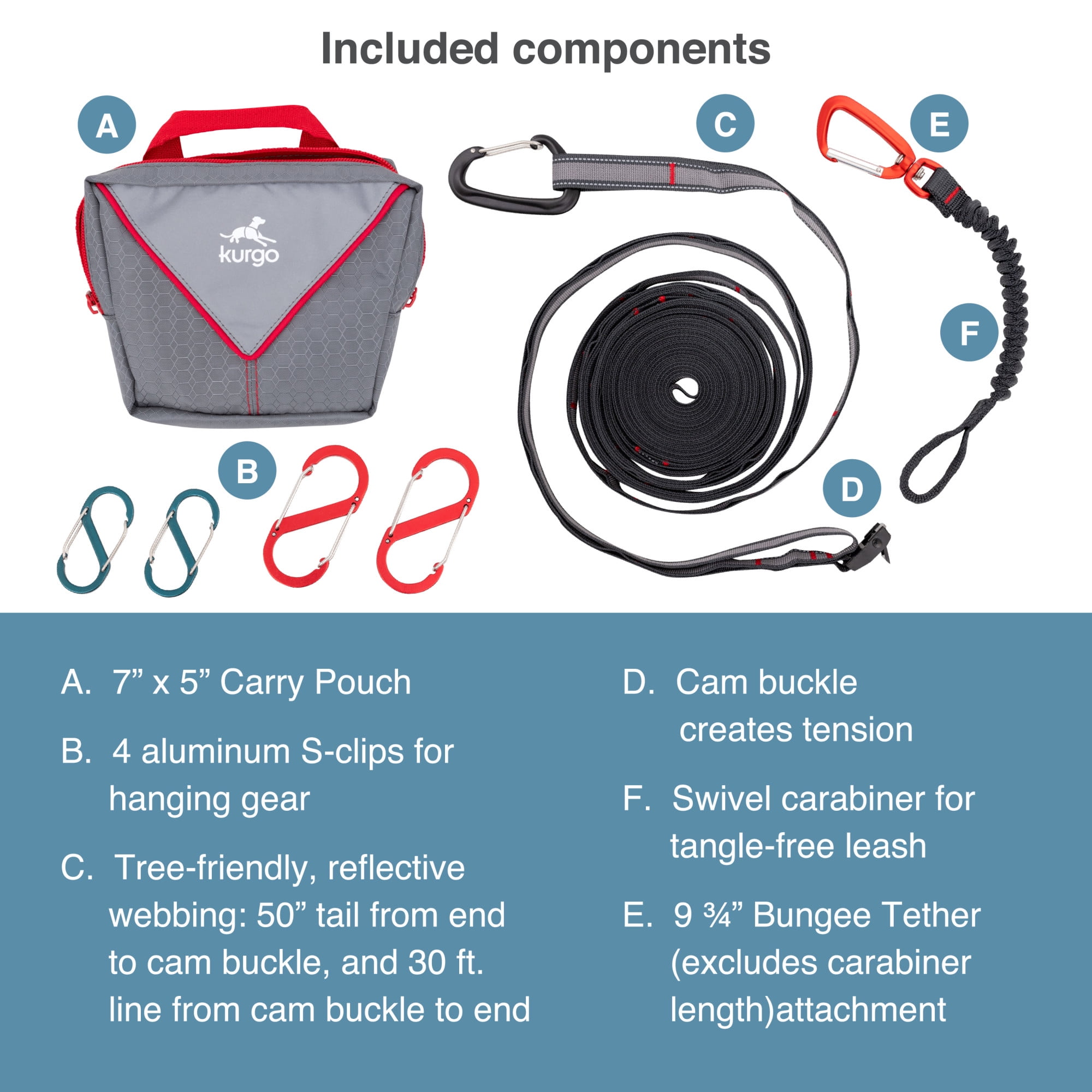 Kurgo Ridgeline Dog Tie Out for Camping, Outdoor Dog Run Zipline, Portable Camp Gear Line, Reflective, Includes - Carry Pouch, 30 ft Tree-friendly Line, 4 S-Clips, and Swivel Bungee Tether for Leash