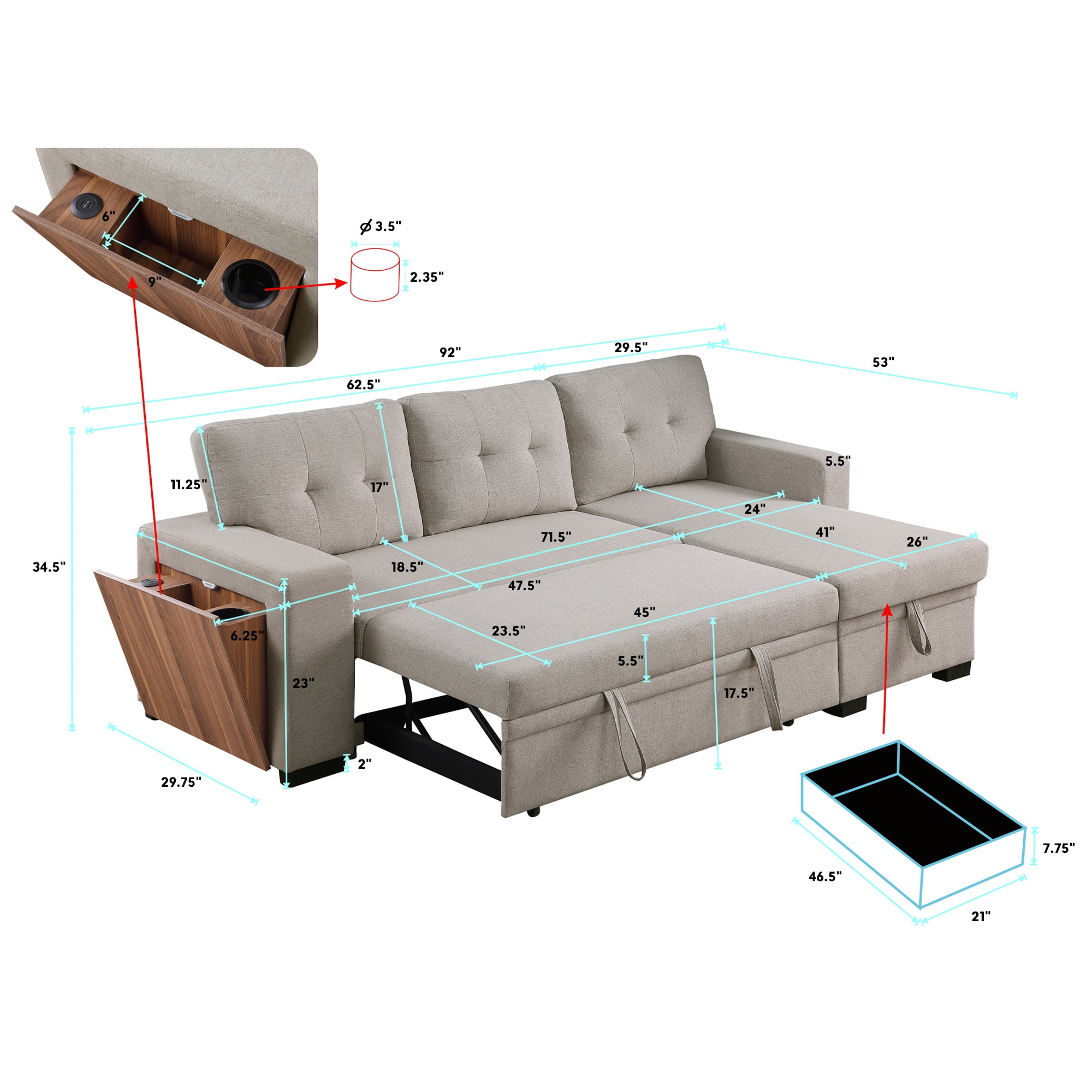 Aukfa 92" Sofa Bed Reversible Sectional Sleeper Sofa with Storage Chaise&Side USB &Cupholder Console for Living Room, Linen, Gray