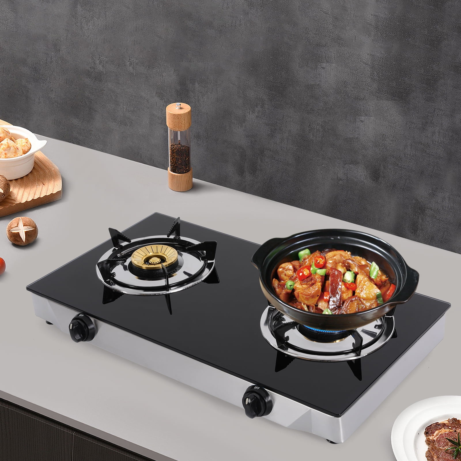 ChicHomey 2-Burner Gas Stove,7kW Total Power Portable Gas Stove,Tempered Glass & Stainless Steel,Independent Control Knobs with Child Lock,Countertop Use