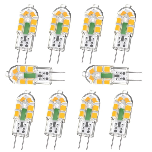 10 bombillas LED G4 de 2 W y 200 lm, equivalente a halógeno de 20 W, luz blanca cálida de 3000 K, CA/CC de 12 V, sin parpadeo, no regulable