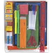 30 Piece Stationary Kit with 1 Spiral Notebook, 5 Pens, 5 Pencils, 5 Crayons, 3 Folders, 3 Erasers, 2 Text Brighteners, 2 G. Sticks, 1 Scissor, 1 Ruler, 1 Sharpener & 1 Soft Pencil Case