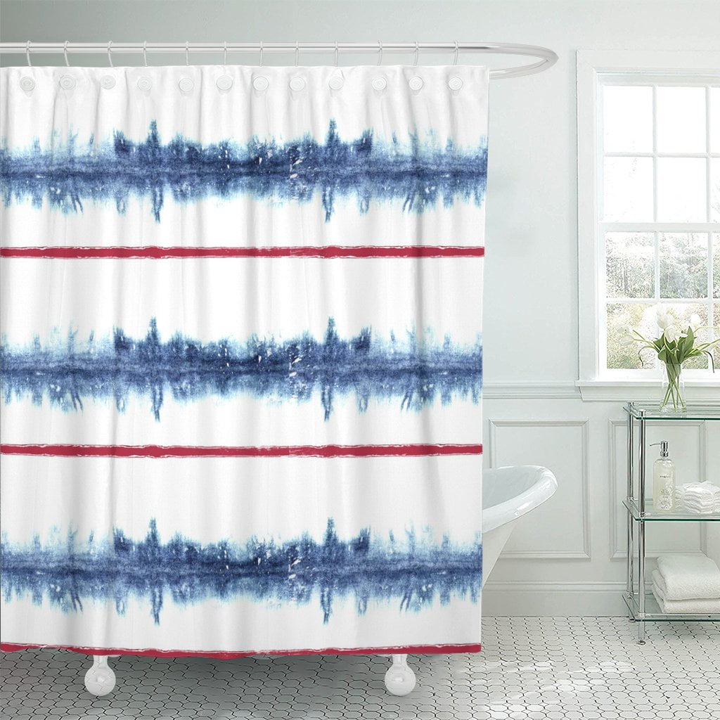 PKNMT Pattern Bleached Tie Dye Blue and Red Stripe Polyester Shower