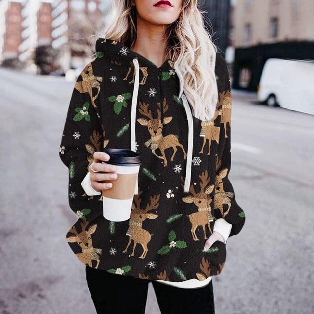 Pntutb Otoño Invierno mujer felpa con capucha Navidad impreso manga larga sudaderas con capucha pulóver cremallera abrigos con bolsillo sudaderas Pntutb Pntutb-3593