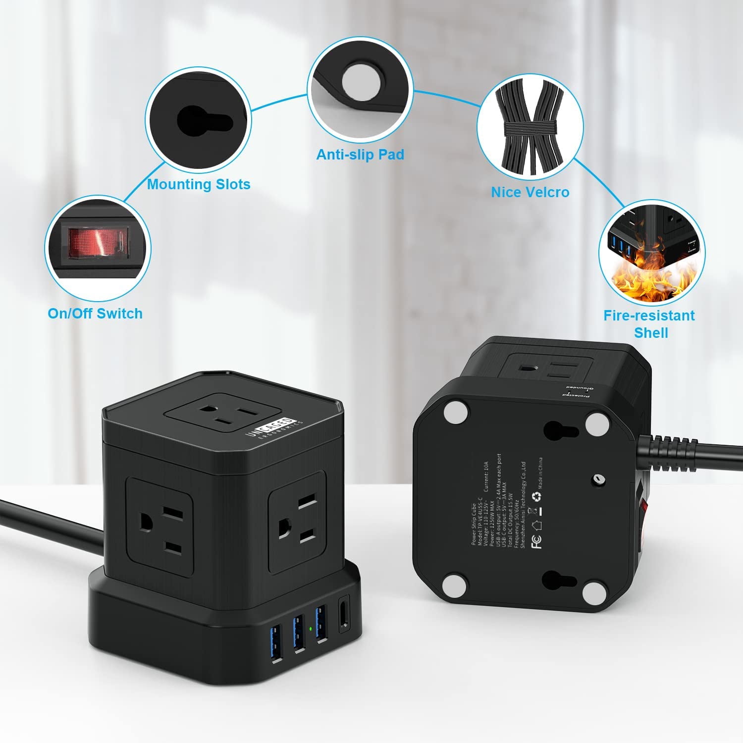 Cube Power Strip with Surge Protection – 10ft Extension Cord, 5 AC Outlets + 3 USB + 1 USB-C Fast Charging Ports, Mountable Charging Station with On/Off Switch