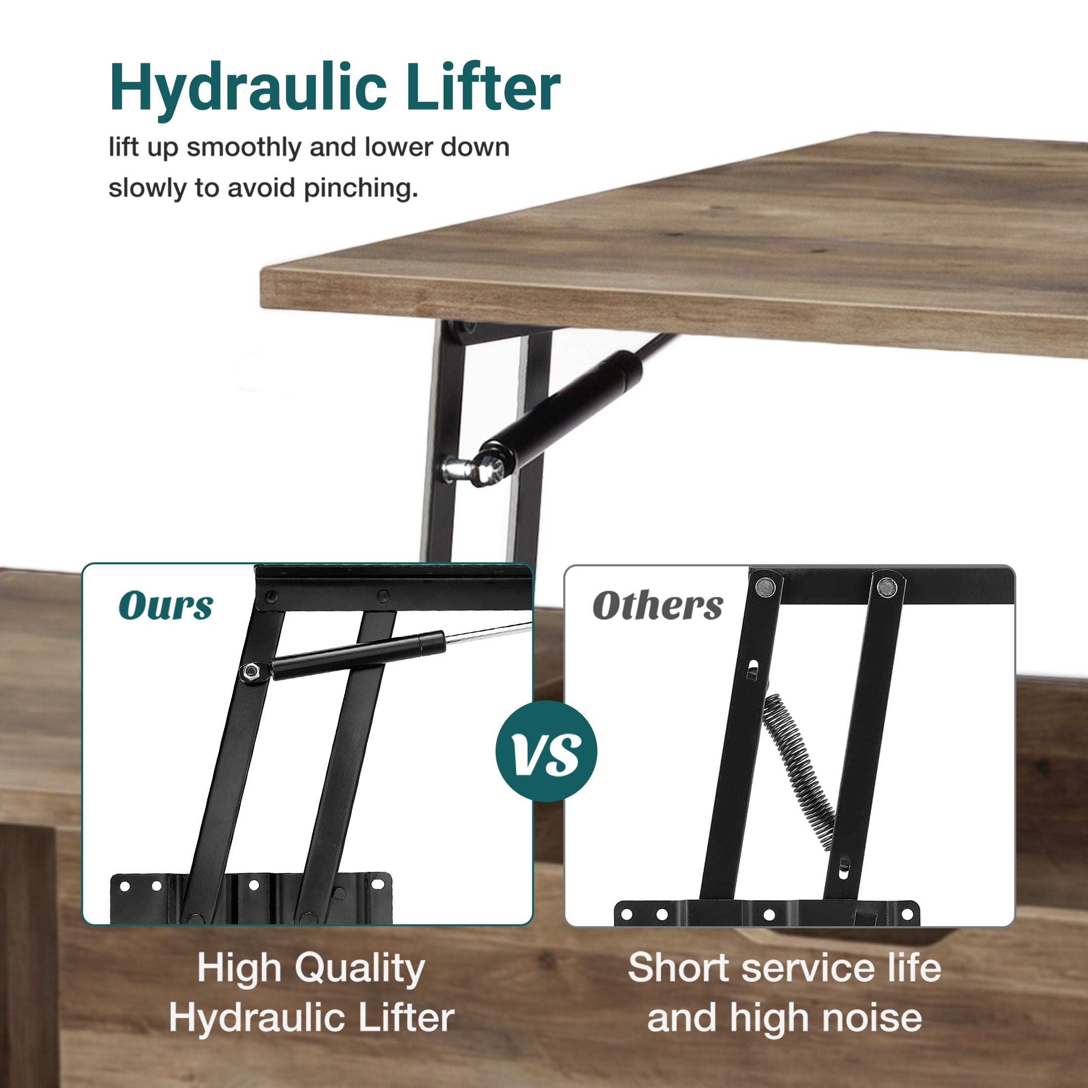 edx Adjustable Height Wooden Coffee Table with Hidden Compartments and Shelves - Perfect for Small Homes, Apartments, Reception Rooms, Wood Grain