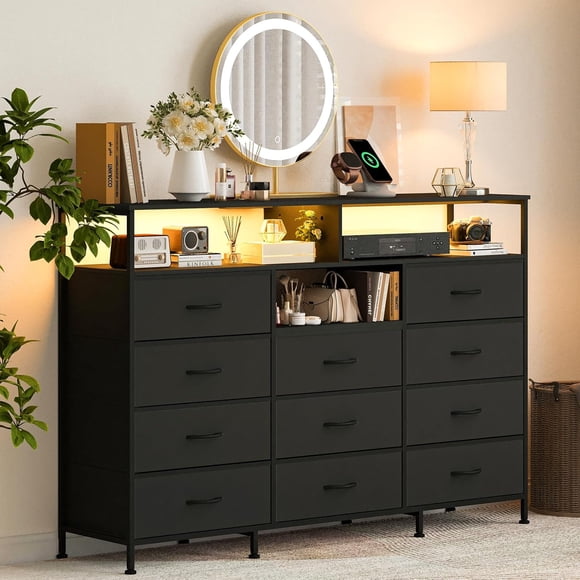 Dresser for Bedroom with 11 Drawers Featuring LED Light and Power Outlet, Fabric Dressers & Chest of Drawers with Open Shelves for Hallway, Living Room, Steel Frame,Wood Top