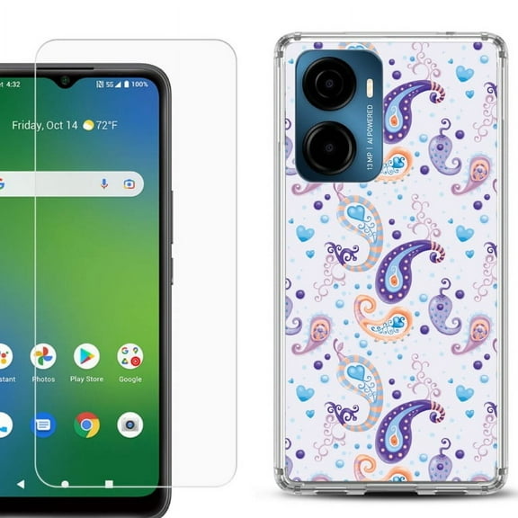 For AT&T Propel 2 5G Phone Case Cover, Shockproof Bumper Hybrid Case with Tempered Glass Screen Protector, by OneToughShield - Paisley Purple