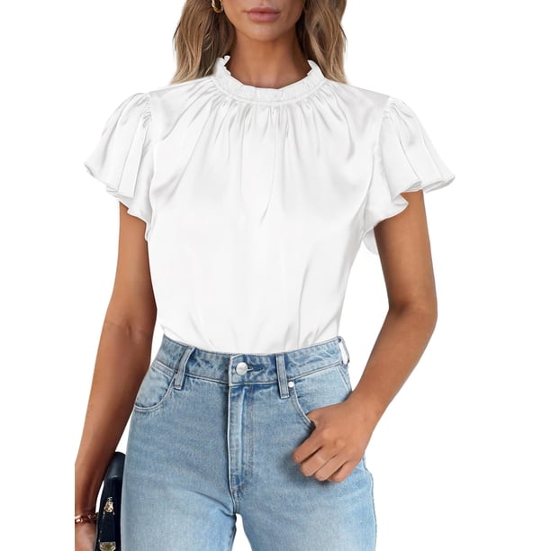 Blusa de Satén con Volantes y Manga Corta para Mujer PRETTYGARDEN Blanca Talle S