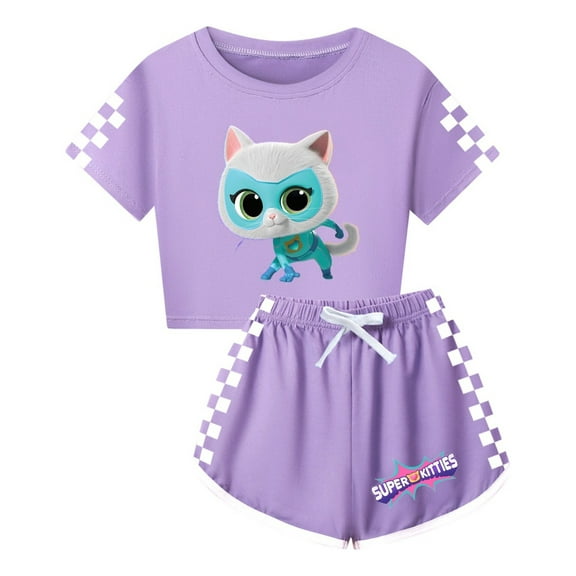 Girls Super Kitties 2-Piece Clothing Set – Cute Cropped T-Shirt and Shorts – Kids Casual Summer Wear