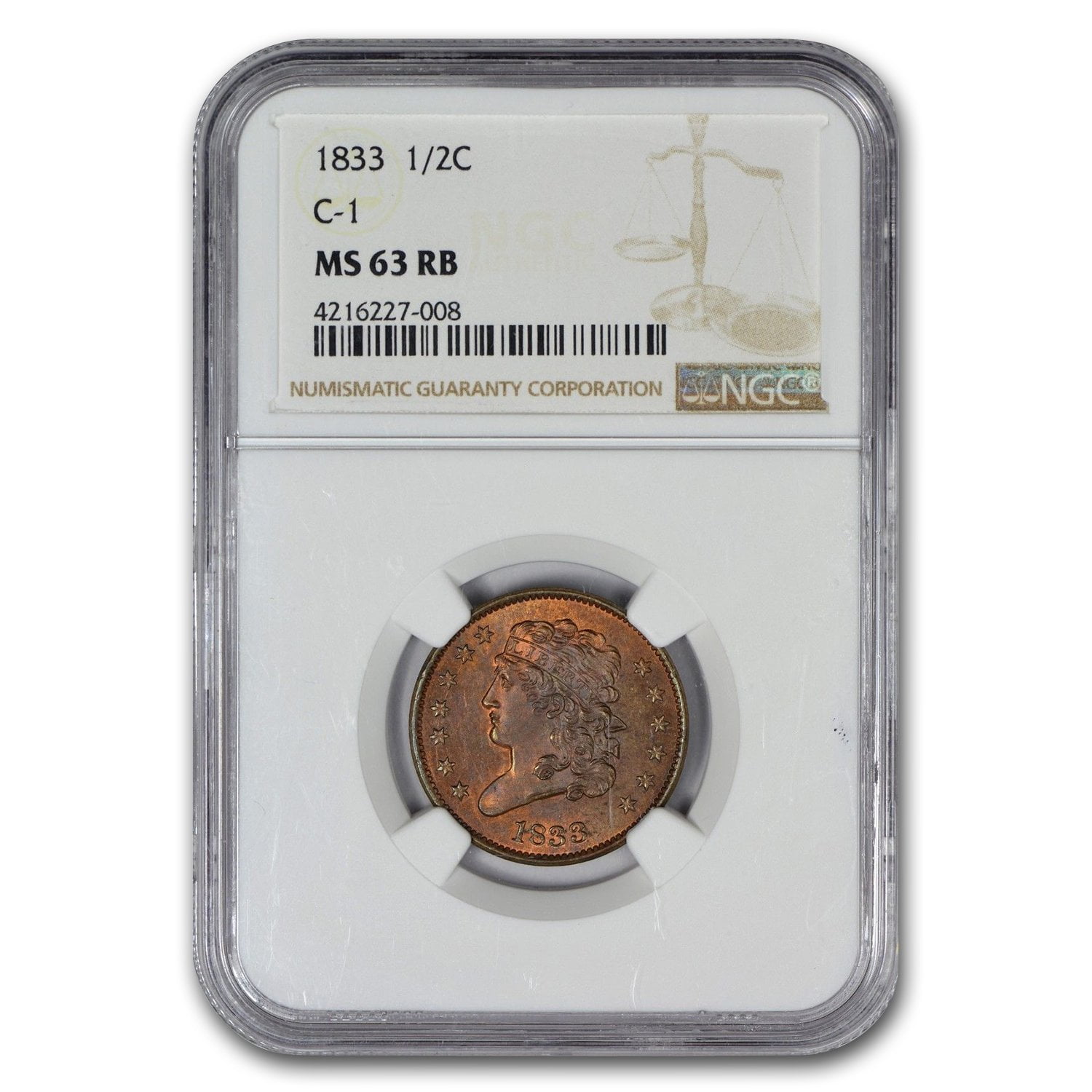1833 Half Cent MS-63 NGC (Red/Brown)