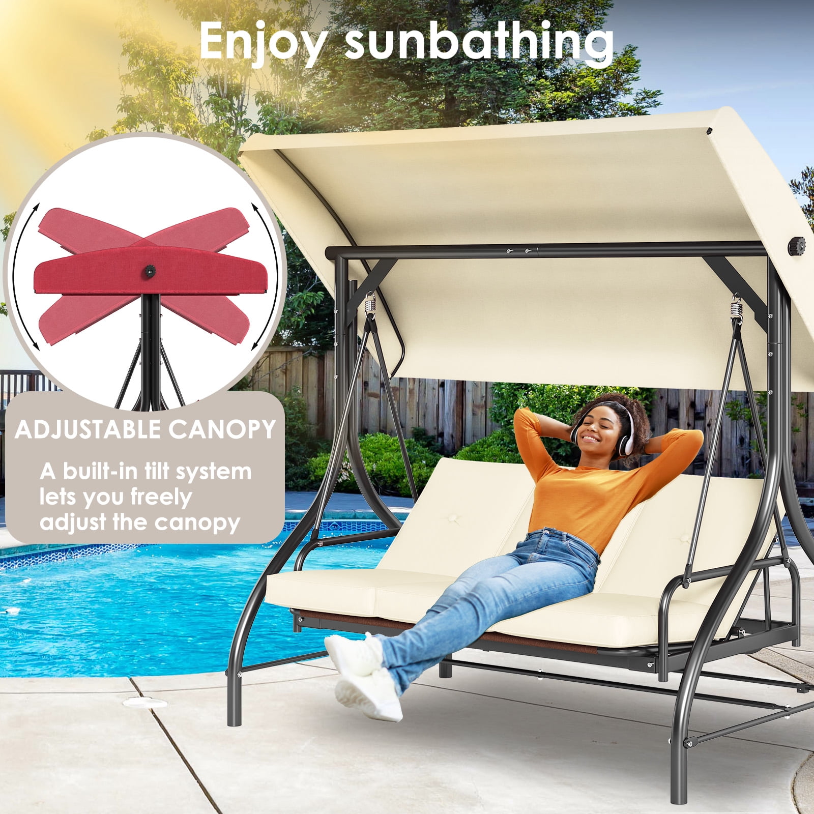 Arlopu 3 Person Porch Swing Outdoor Swing Chair with Adjustable Canopy & Cushions for Backyard Garden, Beige