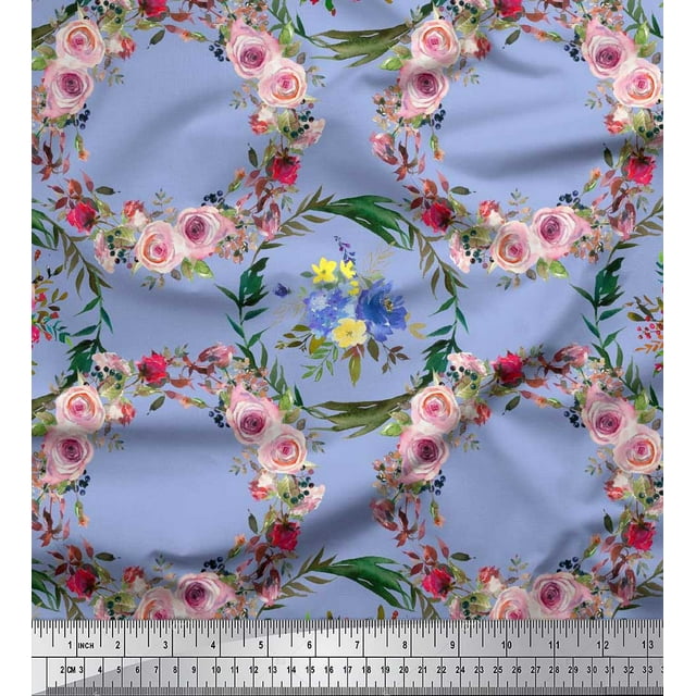 Soimoi Blue Poly Georgette Fabric Floral Wreath Flower Print Sewing Fabric BTY 52 Inch Wide