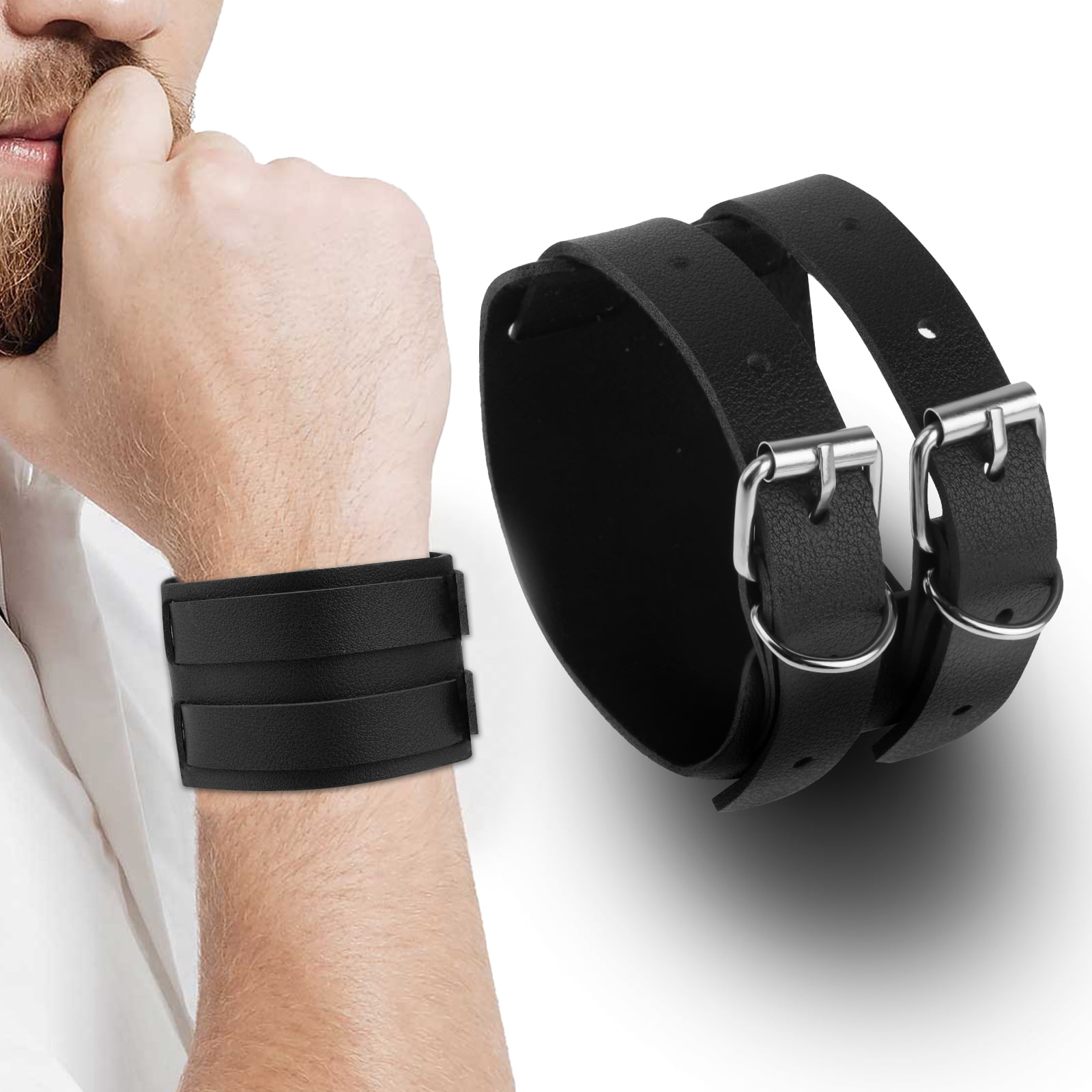Unisex Punk Rock Black Leather Cuff Bracelet Braided Wide Wristband Wrap Bracelets 
