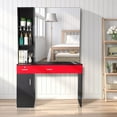 thumbnail image 2 of Wall Mount Barber Station with Mirror, Salon Stations for Hair Stylist, Beauty Salon Storage Cabinet with Lockable Drawers, Tool Holders, Storage Cabinet, 3 Open Shelves (Black & Red), 2 of 8