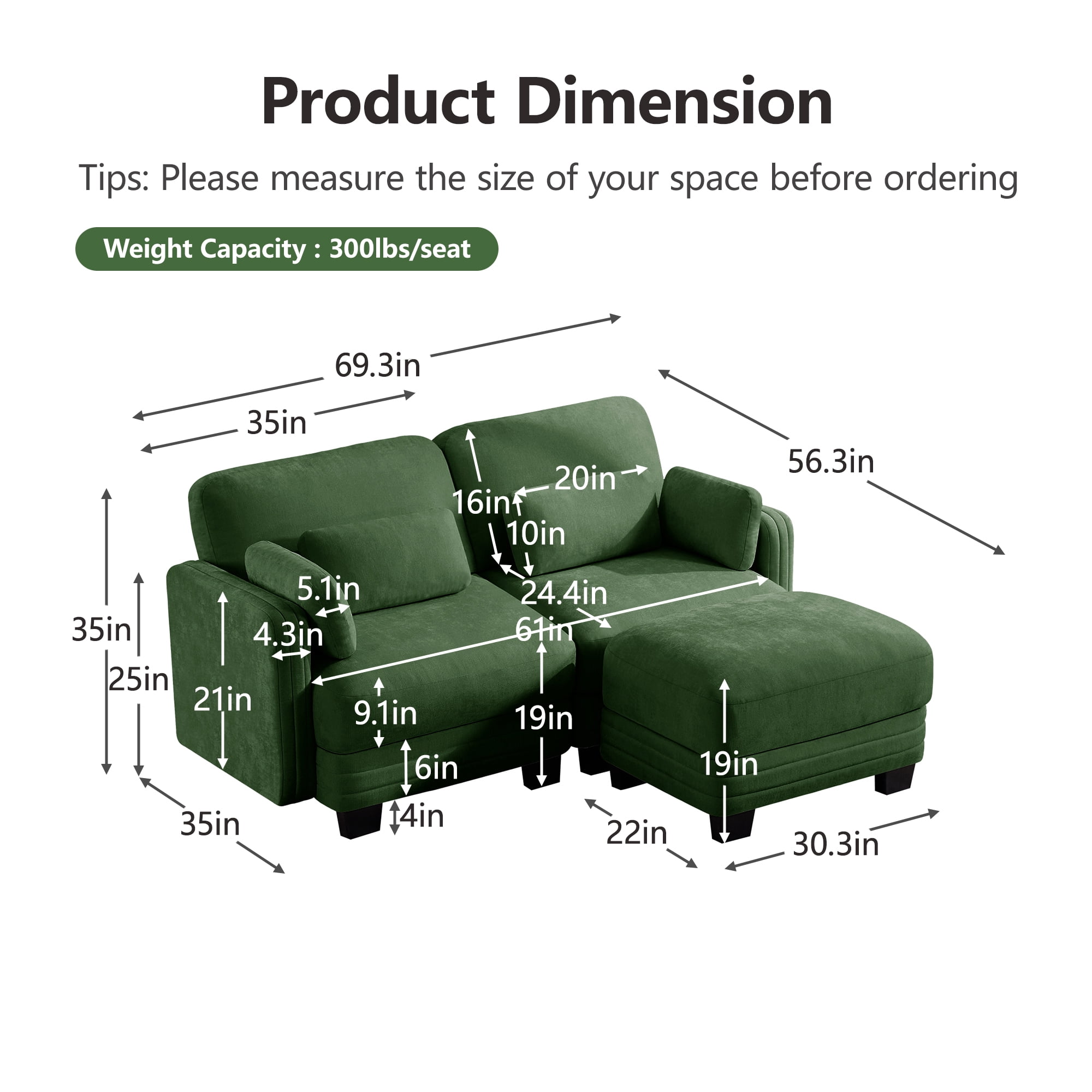 70" Modern Modular 2 Seater Loveseat Sofa Couch with 1 Ottoman and 4 Pillows