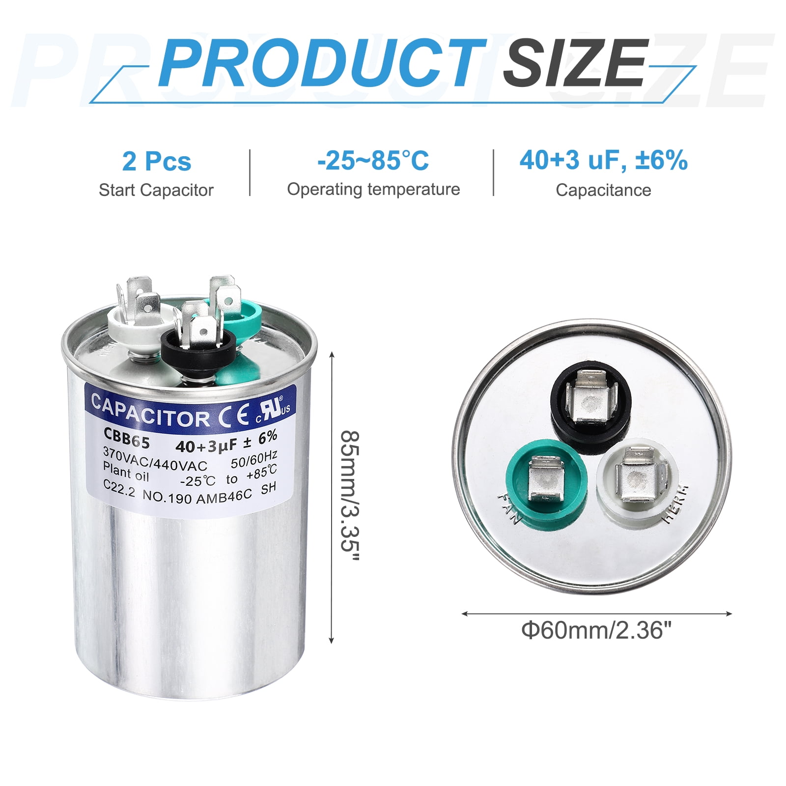 Uxcell 2Pcs 40+3 MFD CBB65 Run Start Capacitor 40+3 uF, 370/440V Round AC Capacitor for AC Motor Run, HVAC, Air Conditioner, Condenser Motors