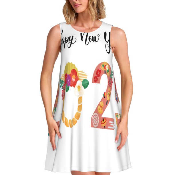 Fotbe 2025 New Year'S Vestido de Verano sin Mangas para Mujer – Vestido Midi Línea A, Estilo Camiseta Floral, Vestido Playero Casual y Fluido