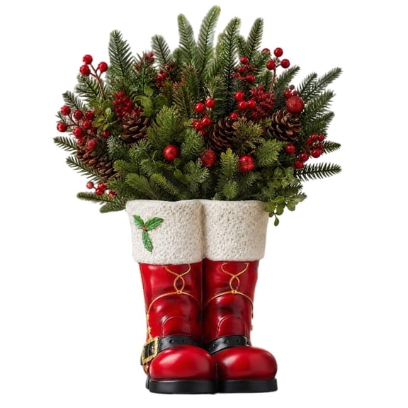 Christmas Santa Boot Vase, Resin Red Boot with Artificial Cones Berries, Christmas Decorations Indoor Outdoor for Mantel Dining Table Party
