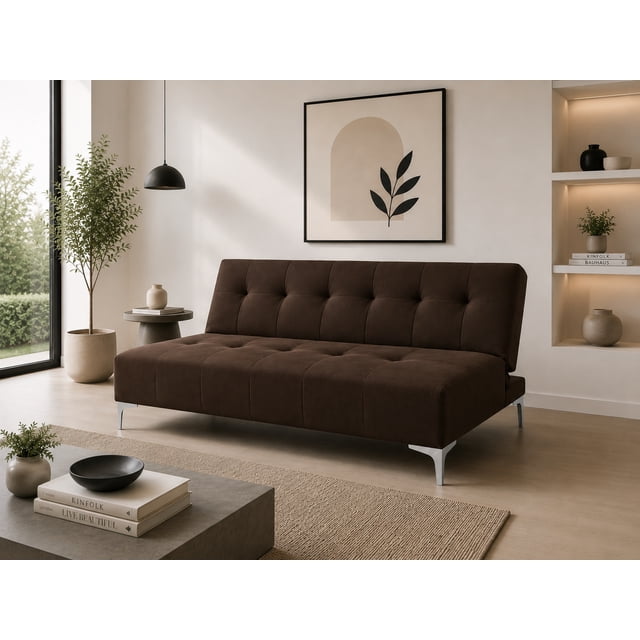 sofá cama reclinable el bazar store vegas lino chocolate moderno abotonado Sofá cama reclinable 170 cm tapizado en lino chocolate con acabado abotonado, respaldo y asiento en paneles, hule espuma de alta densidad y patas metálicas plateadas; medidas 75 cm alto x 170 cm largo x 80 cm profundidad. Ideal para visitas inesperadas o como sofá en un cuarto de estudio.